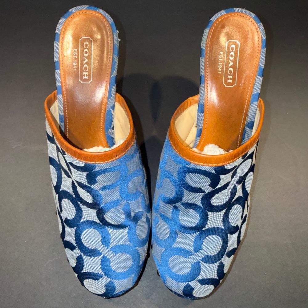 Coach Bacall Studded Mule Clogs Blue Signature C Platform Wood Heels Womens 7.5B - Picture 5 of 10
